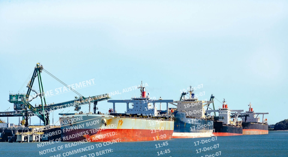 Bulk carriers at an Australian coal export terminal, overlaid with a laytime statement