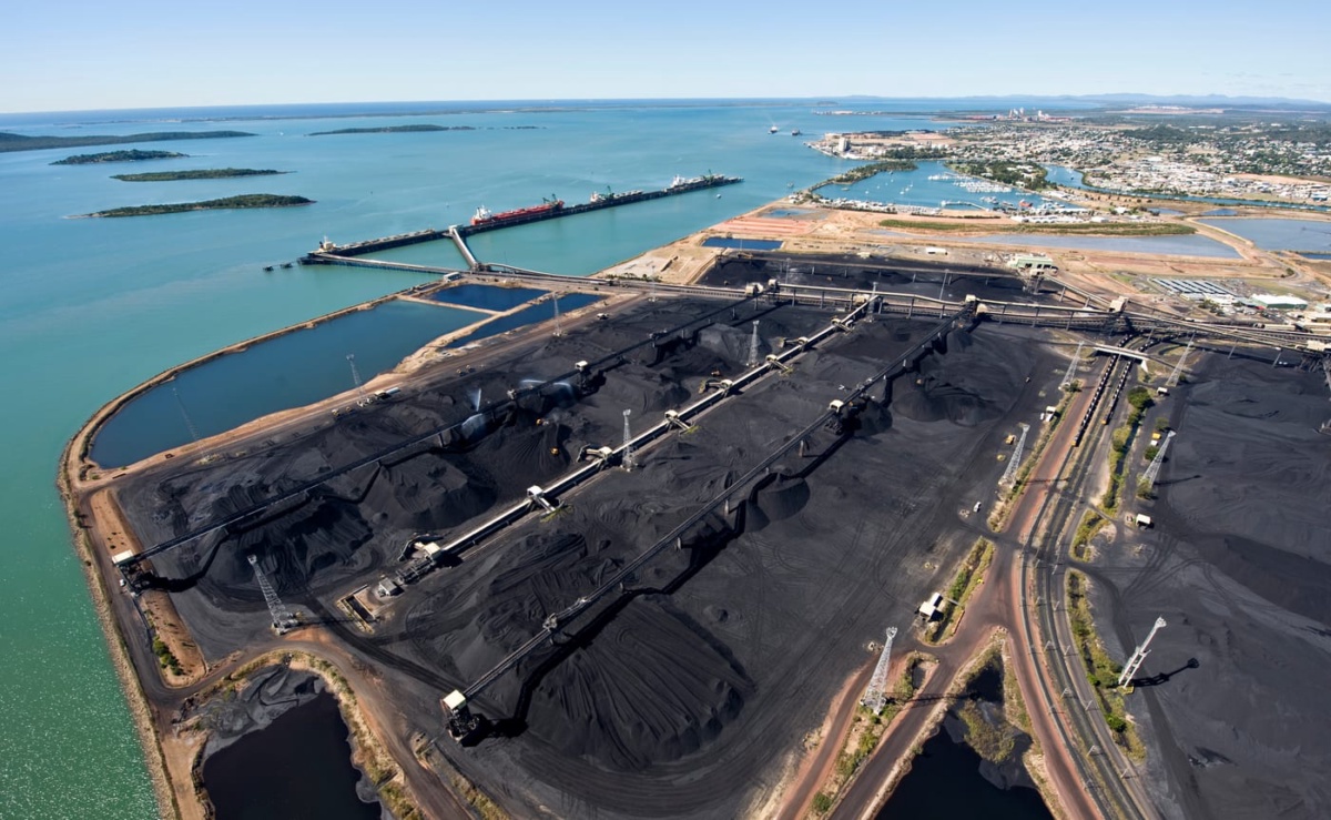 Aerial view of the RG Tanna Coal Terminal stockpiles at the Port of Gladstone